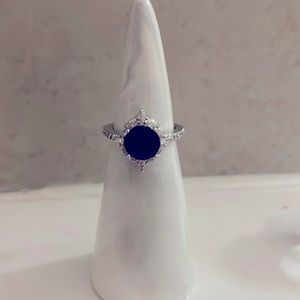 Royal Blue Sapphire Crystal Halo Silver Band Costume Jewelry Ring Size 6